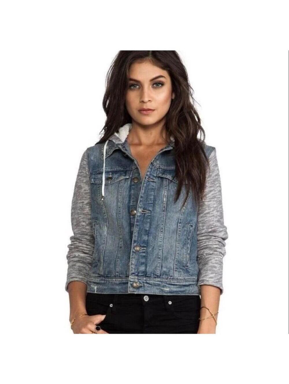 Free People Hooded Denim Jacket With Knit Sleeves Women’s Size Small